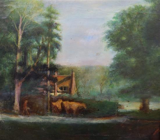 English School, oil on panel , Cattle in Woodland 38 x 42cm